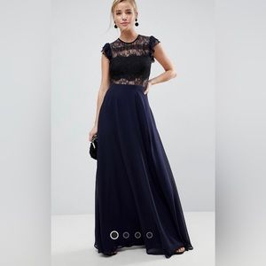 ASOS. Navy floor length dress with sheer and lace detail. Size 4. Lace back